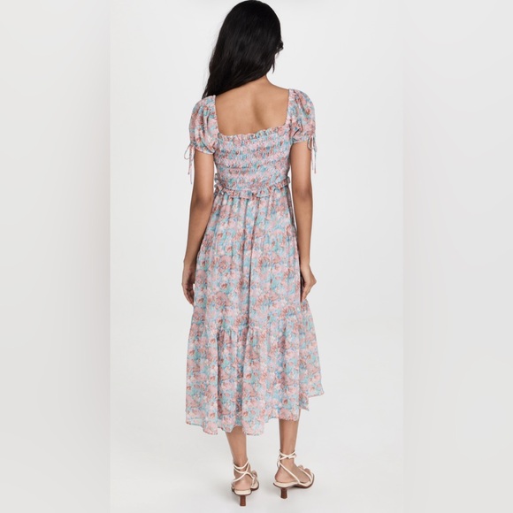 En Saison Pink Blue Floral Smocked Midi Dress - Picture 2 of 6